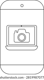 Outline of a phone displaying a laptop with a camera icon on its screen