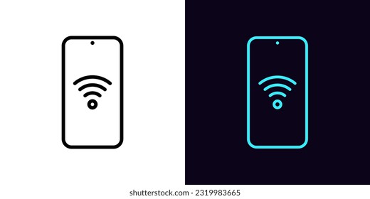Outline phone icon, with editable stroke. Smartphone screen with Wifi sign, mobile internet pictogram. Mobile phone with wireless internet connection, wifi hotspot control. Vector icon for Animation.