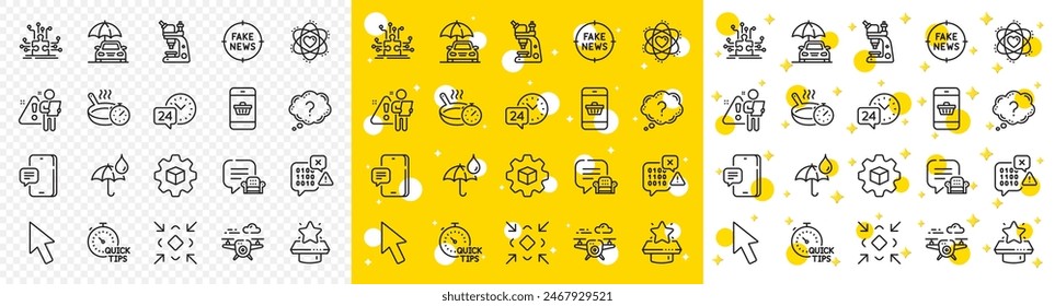 Outline Phone message, Puzzle options and Search employee line icons pack for web with Question mark, Drone, Frying pan line icon. 24h service, Car insurance. Yellow design with 3d stars. Vector