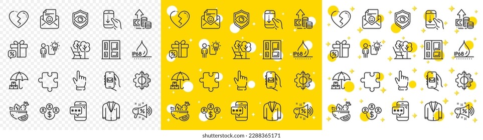 Outline Phone password, Eye detect and Business idea line icons pack for web with Transform, Puzzle, Broken heart line icon. Cursor, Entrance, Deckchair pictogram icon. Buying currency. Vector