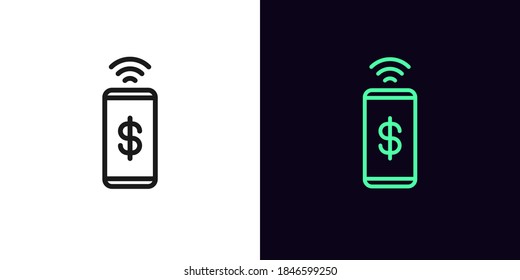 Icono de esquema de pago telefónico. Signo de transacción de pago móvil lineal con trazo editable, transferencia de dinero por teléfono. Tecnología NFC, banca móvil. Icono de vector, signo, símbolo para el diseño de la interfaz de usuario