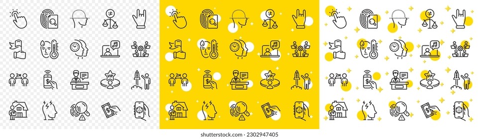 Outline Phone payment, Teamwork and Vip table line icons pack for web with Inspect, Music, Fingerprint line icon. Face scanning, Leadership, Discrimination pictogram icon. Stress. Vector