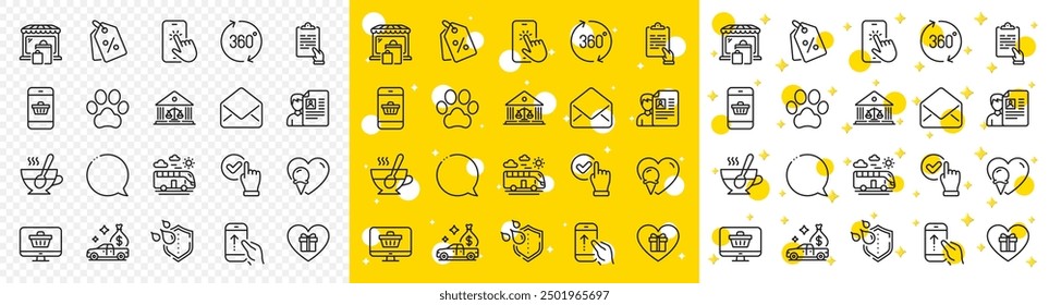 Outline Phone touch, Mail and Waterproof line icons pack for web with Bus travel, Job interview, Web shop line icon. Smartphone buying, Checkbox, Swipe up pictogram icon. Speech bubble. Vector