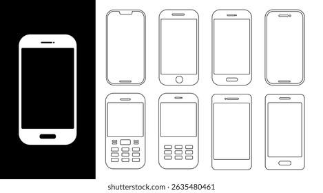 Outline phone vector design set, Isolated smart phone pictogram for coloring book, Information, Communication graphic elements, Editable stock