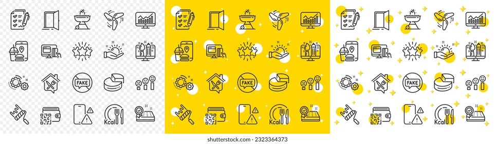 Outline Phone warning, Survey checklist and Open door line icons pack for web with Wind energy, Creative design, Paint roller line icon. Fake news, Gears, Pie chart pictogram icon. Grill. Vector