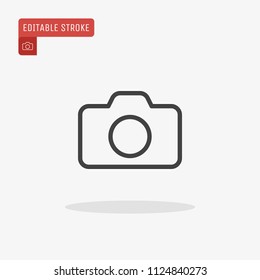 Outline photo camera icon isolated on grey background, for website design, mobile application, ui. Editable stroke. Vector illustration, eps10.