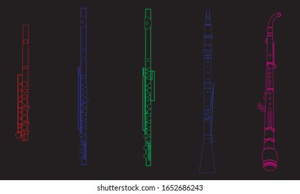 Outline piccolo, flute, alto flute, oboe and english horn isolated on black background. Musical instruments for template or art school dictionary illustration