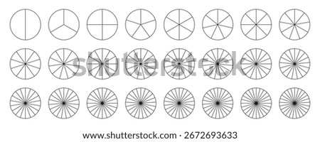 Outline pie chart icon set. Radial infographic template. Wheel round diagram part. Circle segments. Diagram with 2, 3, 4, 5, 6, 7, 8, 9, 10, 11,12,13,14,15,16,17,18,19,20, 25 section. Pizza slice