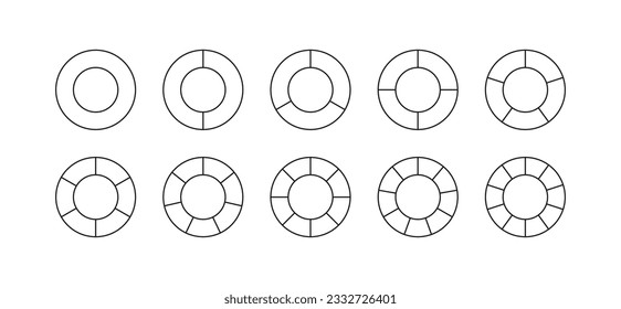 Outline pie diagram. Circular section graph. Circle chart divided into pieces. Set of segments. Round scheme with sectors. Ring structure with 6, 8, 10 elements. Vector illustration