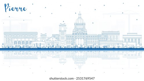 Outline Pierre South Dakota City Skyline with Blue Buildings and reflections. Vector Illustration. Pierre USA Cityscape with Landmarks. Business Travel and Tourism Concept with Modern Architecture.