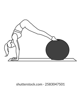 Outline pilates woman with big ball. Stability Ball Drills. Back up with feet on the ball. Vector illustration