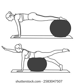 Outline pilates woman with big ball. Stability Ball Exercises with abs and legs. Vector illustration