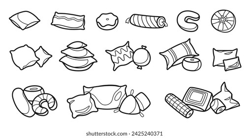 Almohadas esquemáticas. Esbozo de cojín esponjoso doméstico, elementos de doodle textiles de cama cómoda, estilo plano de doodle textil casero suave. Conjunto aislado del vector de la pluma doméstica, ilustración esponjosa de la almohada