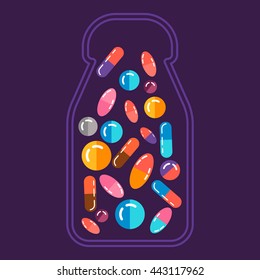 The outline pills container full of flat designed pills. Very good colors. Great concept for pharmacy or health  care industry. Flat design.