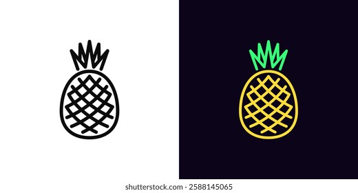 Outline pineapple icon, with editable stroke. Pineapple fruit with leaf, outline silhouette. Ripe tropical fruit, pineapple garden, organic food, fruit diet, summer vitamins, health food. Vector icon