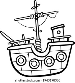 Outline Pirate battleship with windows vector illustration on transparent background