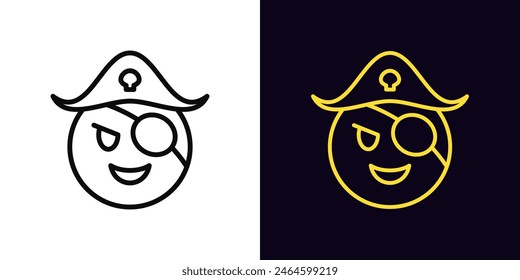 Umriss Piraten-Emoji-Symbol, mit editierbarem Strich. Corsair Emoticon mit Hut und Patch auf Auge. Nettes Piratengesicht mit Lachen, lustiges Korsar-Emoji und Kapitän mit Lächeln, Abenteuer und Piraterie. Vektorgrafik-Symbol