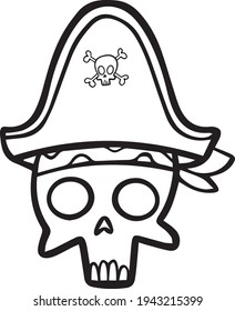 Outline Pirate Skull With Hat and bandanna sword and feather Clipart vector illustration on transparent background