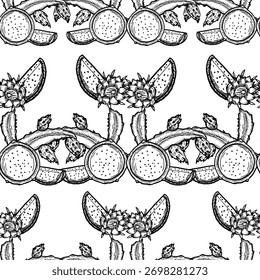 Contorno pitaya padrão sem emenda. Fundo de fruta de dragão. Padrão de verão de frutas tropicais para embrulhar, têxtil, tecido, colorir páginas. Fundo de alimentos frescos.