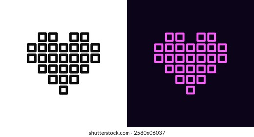 Outline pixel heart icon, with editable stroke. Retro bit heart with outline pixel shape. Vintage love, square heart, retro game passion, health bits, donation, love gift, pixel art. Vector icon