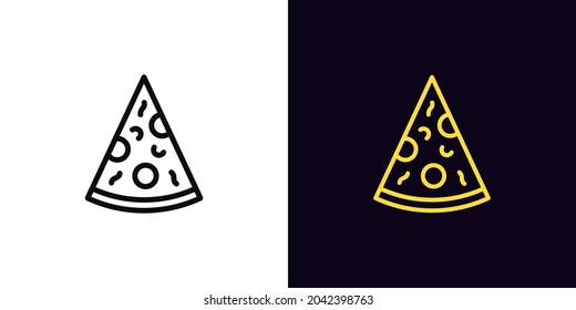 Outline pizza slice, icon with editable stroke. Linear pizza sign, restaurant signboard. Food court logo for pizzeria, advertisement pictogram. Vector icon, sign, symbol for UI and Animation