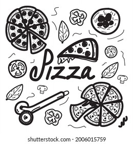 Outline pizza slices, whole pizza. Vector simple Doodle style