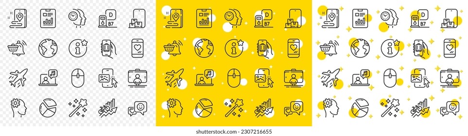 Outline Place, Plane and Love chat line icons pack for web with Magic wand, Phone image, Smile line icon. Online storage, Training results, Info pictogram icon. Baggage app, Pie chart. Vector