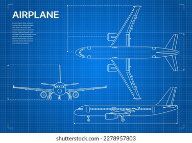 Outline plane aircraft blueprint airplane design drawing  vector aviation industry  Plane jet blueprint plan and side   top view  aeroplane technical scheme in contour sketch line blue print