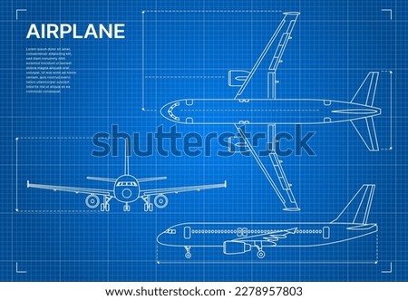 Outline plane aircraft blueprint or airplane design drawing, vector aviation industry. Plane jet blueprint plan with side and top view, aeroplane technical scheme in contour sketch line on blue print