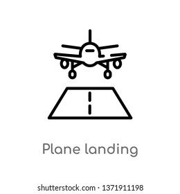 outline plane landing vector icon. isolated black simple line element illustration from airport terminal concept. editable vector stroke plane landing icon on white background
