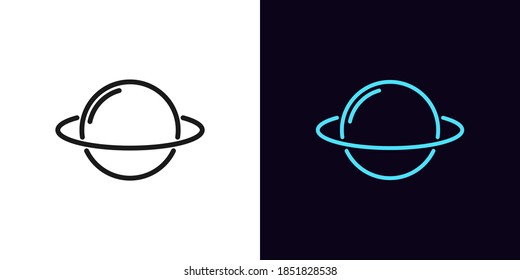 Outline planet icon with editable stroke. Linear planet sign with ring, Saturn. Digital cosmos, cosmic world, astronomy, space exploration. Vector icon, sign, symbol for UI and Animation
