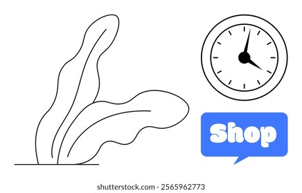 Outline of a plant beside a clock and a blue speech bubble with a Shop text. Ideal for business, shop signs, gardening, time management, and minimalism themes. Simple and modern style