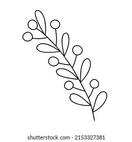 Outline plant decorative branch with leaves and berries for home decor, festive holiday arrangement, vector illustration for seasonal greeting card, invitation, banner