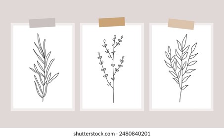 Outline plants set, line drawing art, wildflowers set, botanical plants isolated, simple art design, abstract line outline, vector for frame, fashion design