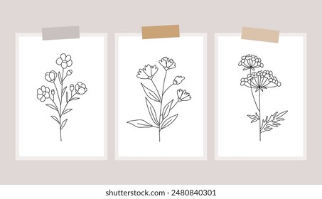 Outline plants set, line drawing art, wildflowers set, botanical plants isolated, simple art design, abstract line outline, vector for frame, fashion design
