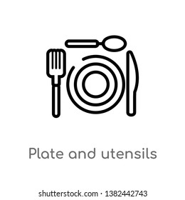 outline plate and utensils vector icon. isolated black simple line element illustration from food concept. editable vector stroke plate and utensils icon on white background