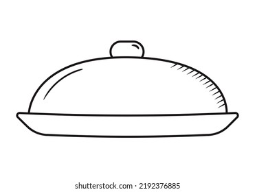 Outline platter doodle. Hand drawn silhouette of big plate with lid. Serving meal vector item isolated on white. Black line restaurant dish