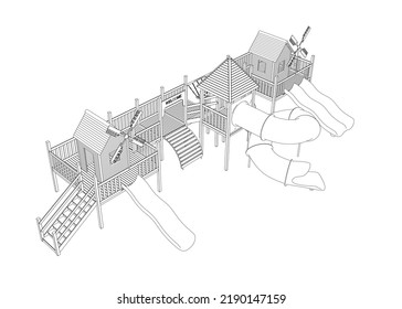 Outline of a playground with slides from black lines isolated on a white background. Isometric view. Vector illustration.