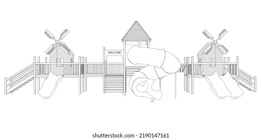 Outline of a playground with slides from black lines isolated on a white background. Front view. Vector illustration.