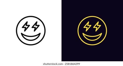 Outline pleasure emoji icon, with editable stroke. Emoji with lightning eyes and smile. Excitement emoticon, anticipation feeling, enthusiasm face, surprise, flash eyes, positive mood. Vector icon