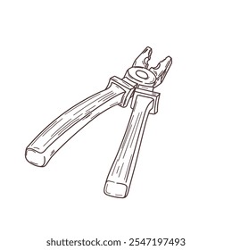 Outline pliers art. Isolated hand tool in line style. Linear drawing of construction instrument. Isolated nippers icon. Vector illustration