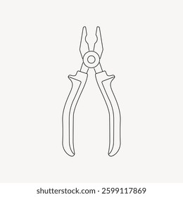 Outline of pliers with curved handles and pointed tips. Simple pliers illustration on a plain background. Pliers drawing for tool-related designs. Minimal illustration vector.