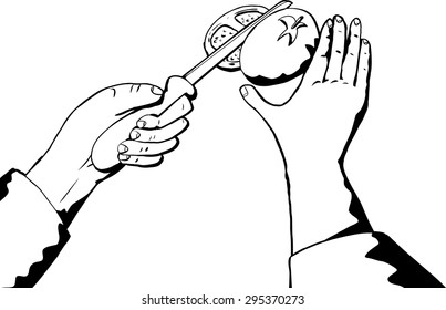 Outline point of view with chef hands chopping a tomato
