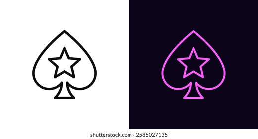 Outline poker spade icon, with editable stroke. Spade suit with star icon, outline silhouette. Royal poker game, spades ace, play card suit, poker superstar, casino playroom, jackpot. Vector icon