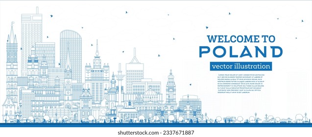 Outline Poland City Skyline with Blue Buildings. Vector Illustration. Concept with Modern Architecture. Poland Cityscape with Landmarks. Warsaw. Krakow. Lodz. Wroclaw. Poznan.