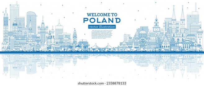 Outline Poland City Skyline with Blue Buildings and Reflections. Vector Illustration. Concept with Modern Architecture. Poland Cityscape with Landmarks. Warsaw. Krakow. Lodz. Wroclaw. Poznan.