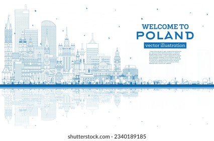 Outline Poland City Skyline with Blue Buildings and Reflections. Vector Illustration. Concept with Modern Architecture. Poland Cityscape with Landmarks. Warsaw. Krakow. Lodz. Wroclaw. Poznan.