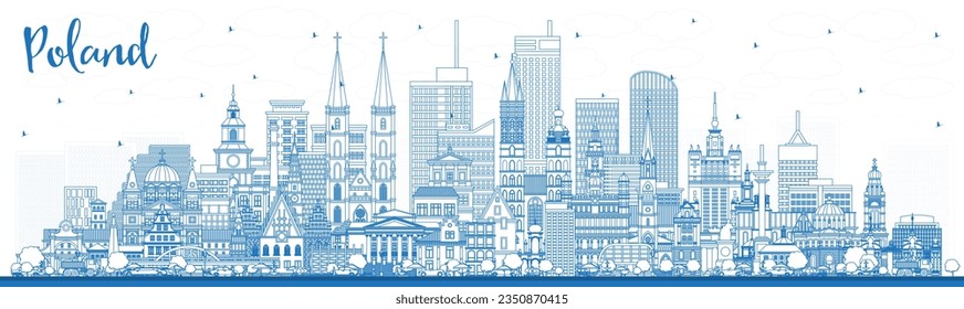 Outline Poland City Skyline with Blue Buildings. Vector Illustration. Concept with Modern Architecture. Poland Cityscape with Landmarks. Warsaw. Krakow. Lodz. Wroclaw. Poznan.