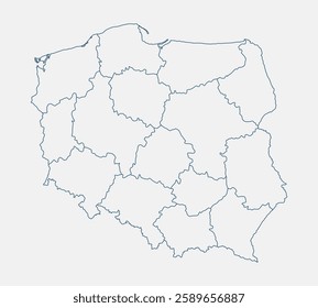 Outline Poland map isolated on white background. Poland map. Poland map outline template. Editable Poland map outline with voivodeship divisions. Vector illustration
