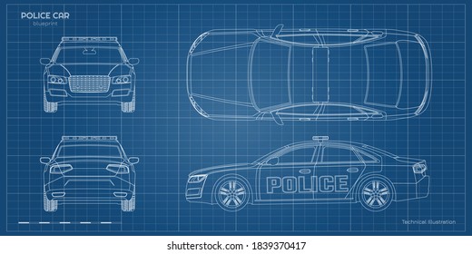 Outline police car blueprint. Front, side, back and side views. Patrol automobile drawing. Industrial document. City guard. Vector illustration